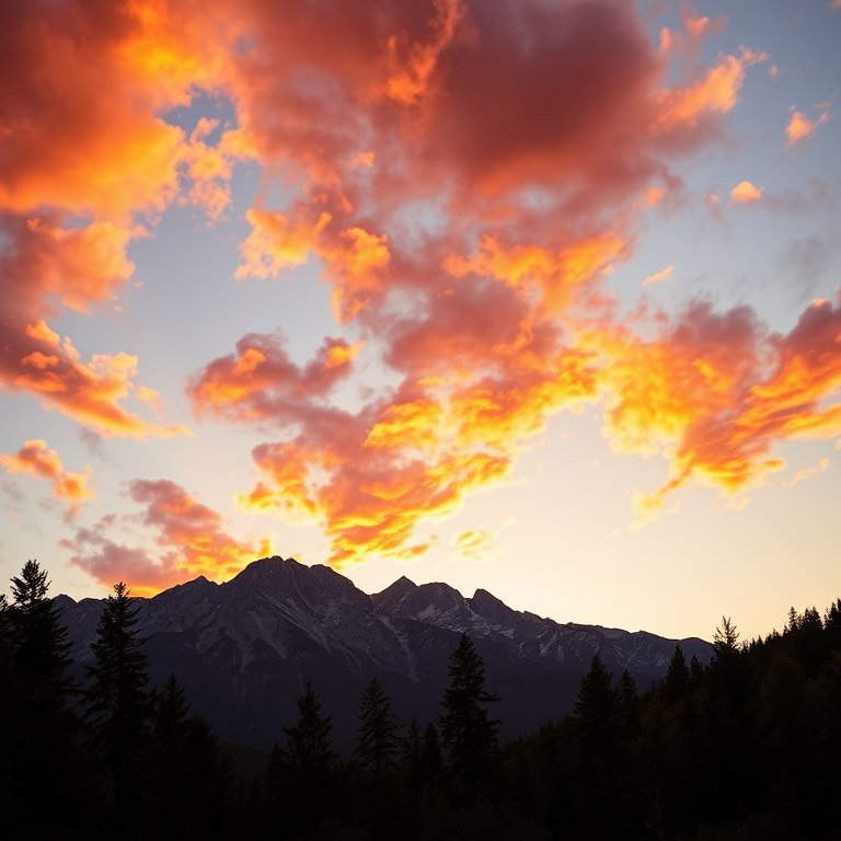 mountain landscape at sunset with vibrant orange clouds, high-resolution DSLR camera, 35mm lens, aperture f/8, ISO 100, 1/250s shutter speed, shot from a low angle with wide view to capture foreground trees and dramatic sky