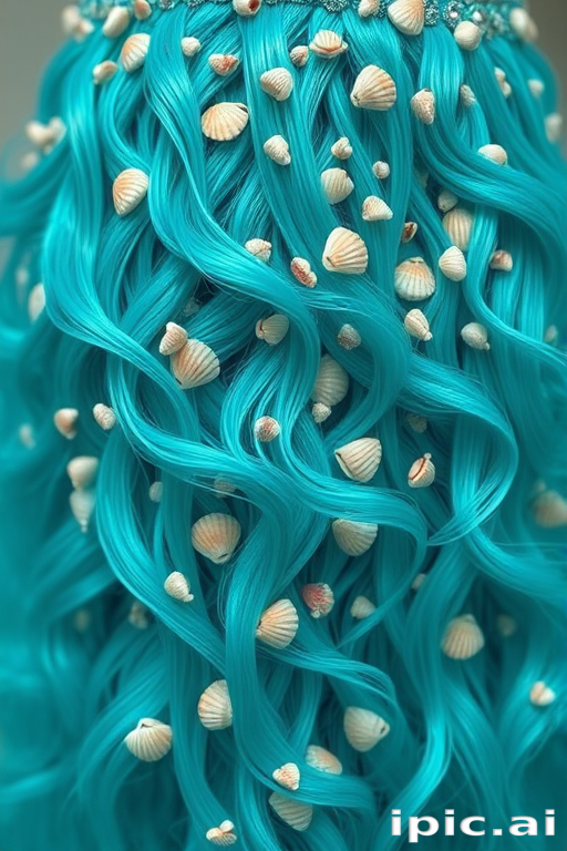 Vibrant teal mermaid waves cascade down to the waist, shimmering with iridescent highlights and adorned with tiny seashells, creating a mesmerizing oceanic allure named Aquamarine Siren