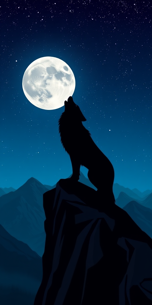 Create a high-resolution digital illustration of a howling wolf silhouette on a cliff against a full moon in a starry night sky, with sharp angular mountains in the background, using a DSLR camera with a 50mm lens, f/2.8 aperture, ISO 100, and a shallow depth of field to enhance the clarity and colors.