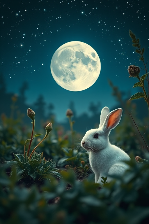 A serene landscape featuring a white rabbit sitting among detailed foliage, illuminated by a large full moon in a starry night sky, with a soft focus effect, taken with a DSLR camera at f/2.8, ISO 100, 50mm lens, capturing vivid colors and intricate textures.