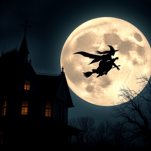 A silhouette of a witch flying on a broomstick in front of a large moon, dark haunted house with glowing windows, eerie atmosphere, captured with a DSLR camera at f/2.8, 1/60s, ISO 400, with a wide-angle lens and a low-angle view to emphasize the height of the moon and house.
