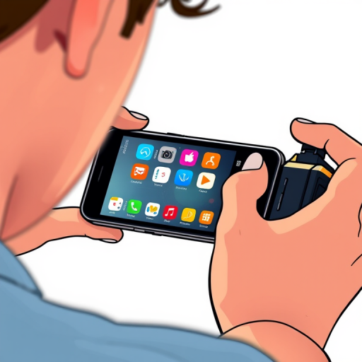 Create an illustration of a person using a smartphone with both hands, showcasing a colorful app interface, shot from a close-up perspective using a DSLR camera with a 50mm lens at f/1.8, ISO 100, in natural light to enhance image quality.