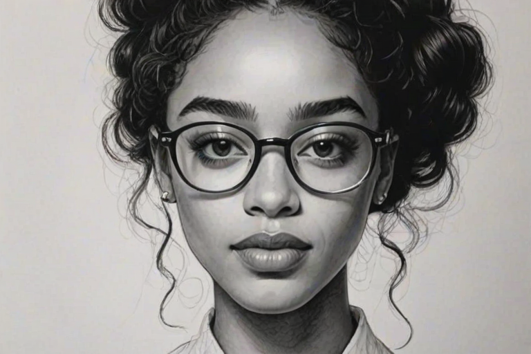 Graceful Laura Harrier, pencil sketch, portrait of Enticing woman 1974s in glasses, hair style beatnik, outline, clear lines, fine lines, 8k