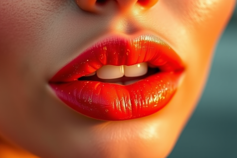Vibrant coral sunset lips with shimmering gold flecks, called "Tropical Twilight," feature a glossy finish and subtle ombré effect, perfect for summer evenings and beach parties