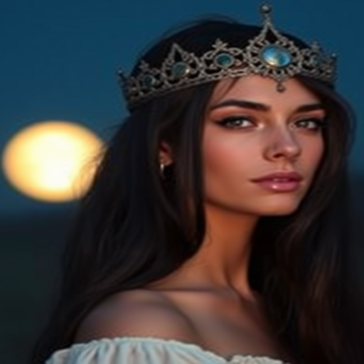 Portrait of a mystical woman with long dark hair and a crown, against a moonlit background, taken with a DSLR camera at f/1.8 aperture, ISO 100, 50mm lens, soft focus style, natural light illumination, high dynamic range.