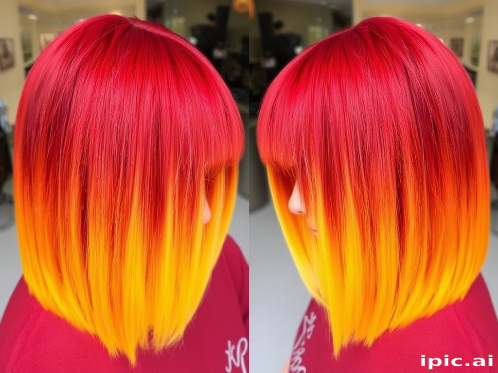 Fiery red ombre hair transitioning to bright yellow tips, styled in a sleek and straight bob with blunt bangs, creating a bold and eye-catching look reminiscent of flames called Phoenix Plumage