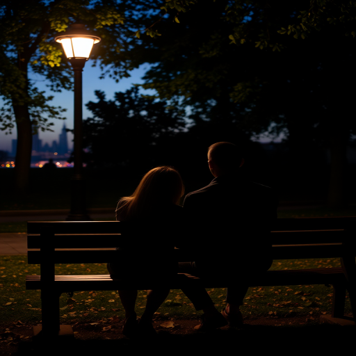 Low-light, candid image of a couple sitting on a park bench at dusk, softly lit by a nearby streetlamp, leaves gently falling around them, their hands intertwined, soft shadows from the trees surrounding them, a distant city skyline barely visible on the horizon.