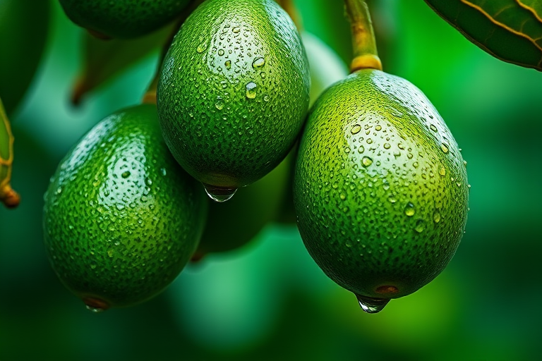 Close-up of avocados hanging from a branch with droplets of water, shallow depth of field, vibrant green background, 50mm lens, f/2.8 aperture, ISO 200, natural light, DSLR camera.