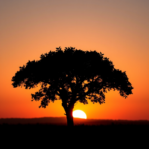 Create a high-resolution minimalist vector image of a silhouette of a tree against a gradient sunset background, using a 50mm lens, aperture f/2.8, ISO 100, in a landscape orientation with a shallow depth of field for smooth bokeh effects.