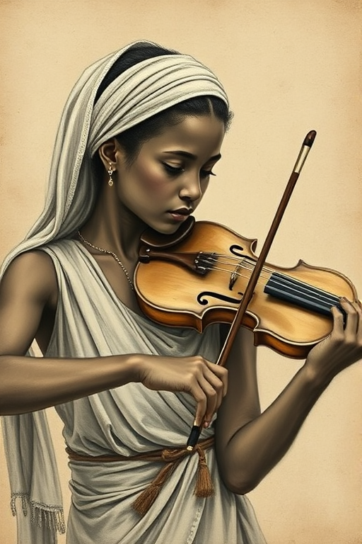 a young Nubian woman with a white headband playing a violin, in the style of a charcoal drawing, sepia grunge background