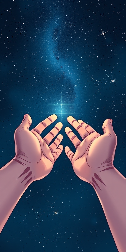 Create an illustration of two hands reaching toward each other against a starry night sky background, using a high-resolution digital drawing style, with a focus on fine details and smooth gradients, simulating a wide-angle lens effect at f/2.8, ISO 100, and a 24mm focal length to enhance depth and clarity.