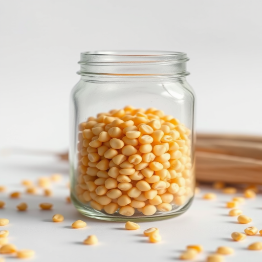 capture a close-up shot of a glass jar filled with corn kernels on a white background, using a DSLR camera with a 50mm lens, aperture set to f/1.8 for a shallow depth of field, ISO 200 for clarity, and natural lighting for enhanced color vibrancy
