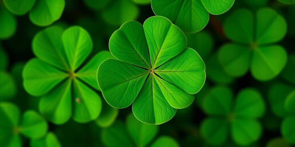 create a high-resolution image of a four-leaf clover with vibrant green colors, f/2.8 aperture, ISO 100, 50mm lens, natural lighting, macro photography style, top-down view