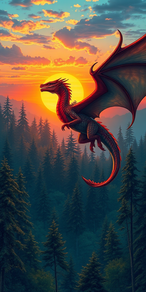 Generate a detailed illustration of a majestic dragon flying over a mystical forest during sunset, with vibrant colors and intricate details using a DSLR camera, 50mm lens, f/1.8 aperture, ISO 100, and a landscape orientation for enhanced depth and clarity.