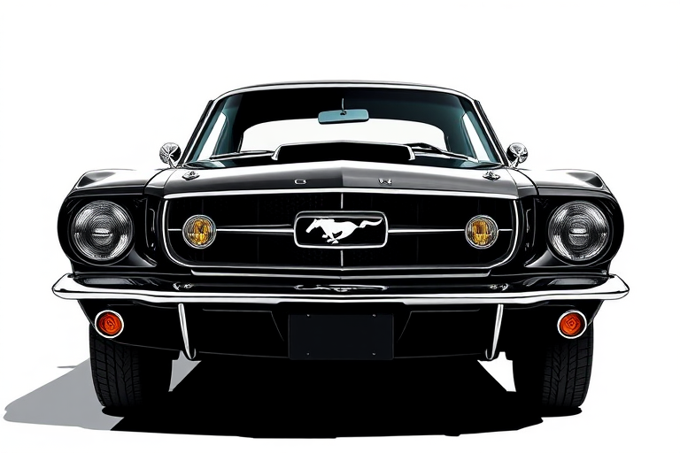 Create a detailed illustration of a classic black Mustang car from a three-quarter front view, using a digital art style with high contrast, sharp lines, and vibrant colors; camera settings: f/8 aperture, ISO 100, shutter speed 1/250s; use a full-frame DSLR camera type.