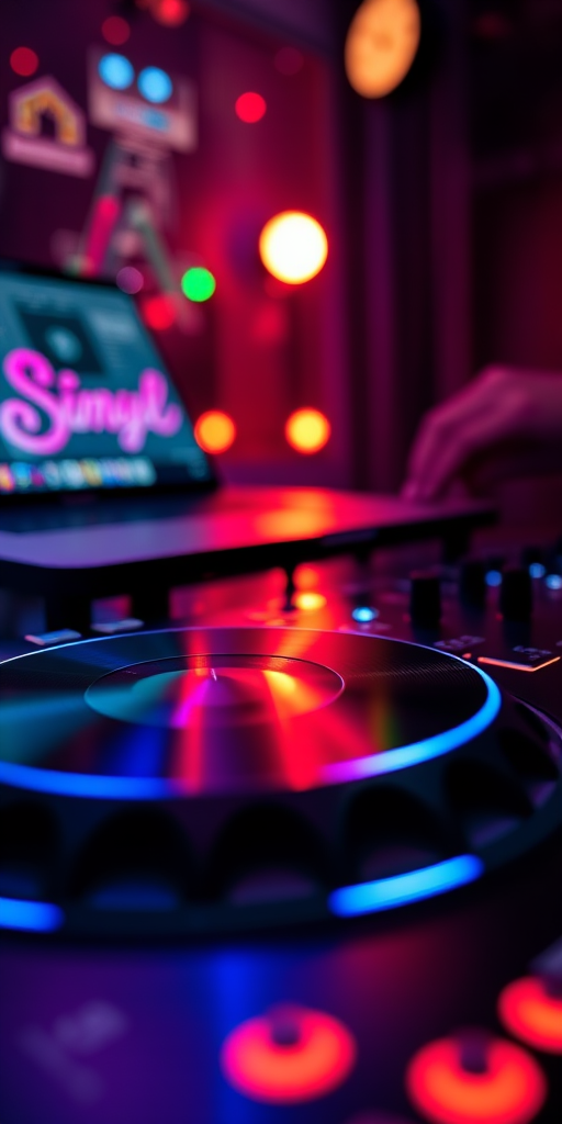 Capture a close-up of a DJ turntable and laptop with vibrant LED lights reflecting, using a DSLR camera at f/2.8 aperture, 50mm lens, 1/60 shutter speed, ISO 400, low-angle view, and vivid colors for enhanced image quality.