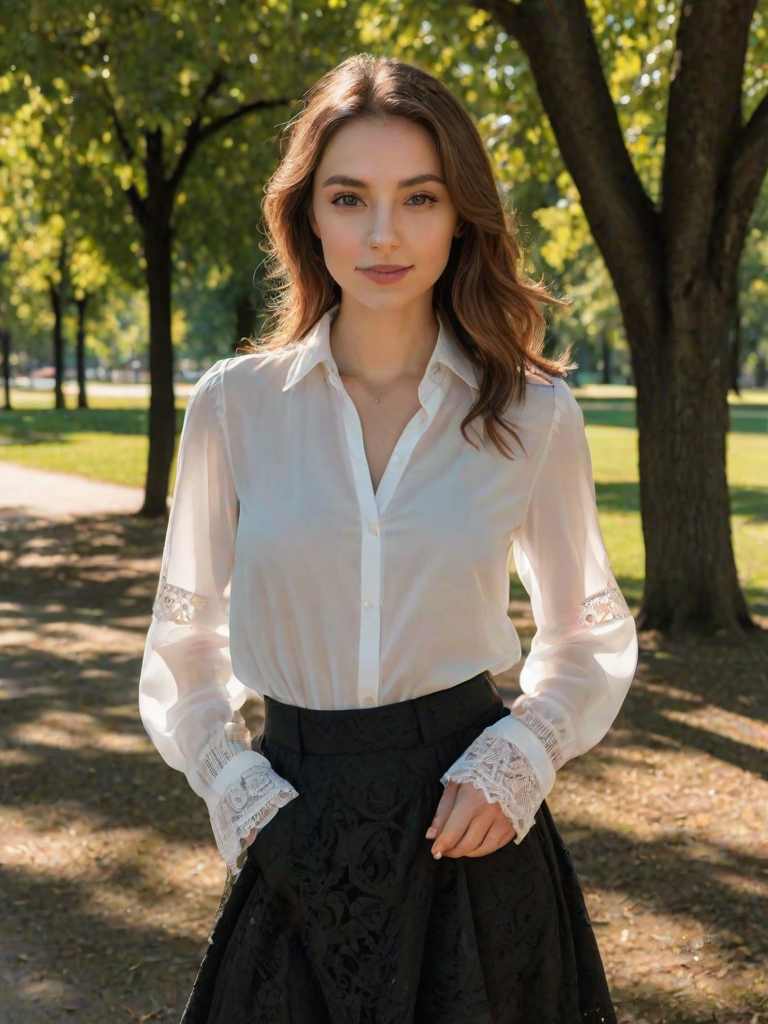 Em1ru wearing white blouse and black skirt posing for the picture at the park in the shade, sunny, casting shadows, vivid, intricate details