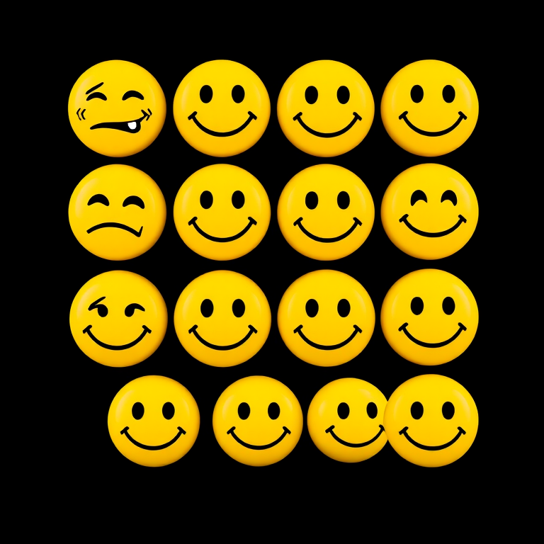 Create a grid of 12 yellow smiley faces, each with different expressions such as winking, surprised, sad, and playful, set against a plain black background, using a high-resolution DSLR camera, aperture set to f/2.8 for a shallow depth of field, ISO 100 for minimal noise, and a 35mm lens for a clear and vibrant image.