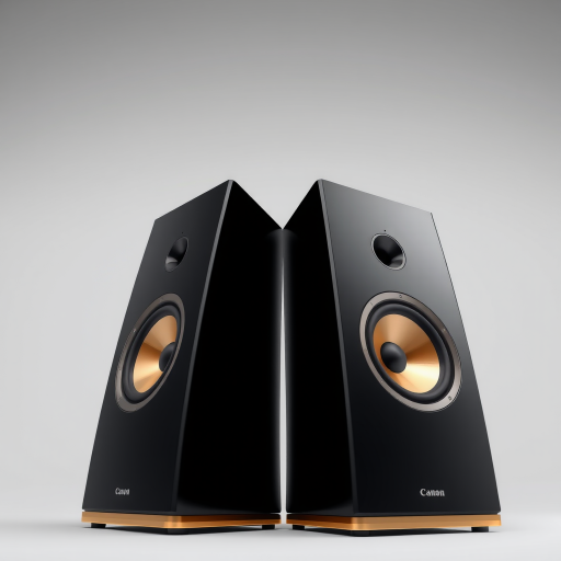 Create a high-resolution image of a pair of sleek black speakers with gold accents positioned upright, using a Canon EOS R5 camera at f/8 aperture, ISO 100, 50mm focal length, with soft lighting from the top left to enhance details and texture.