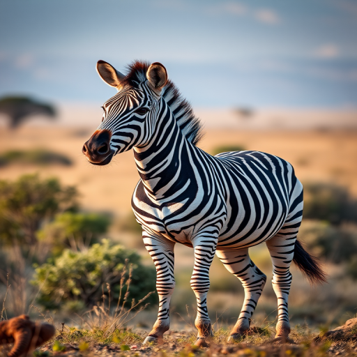 Generate an image of a zebra standing gracefully, captured with a Canon EOS R5, ISO 100, f/4 aperture, 50mm lens, in a natural setting with soft lighting and vibrant colors.