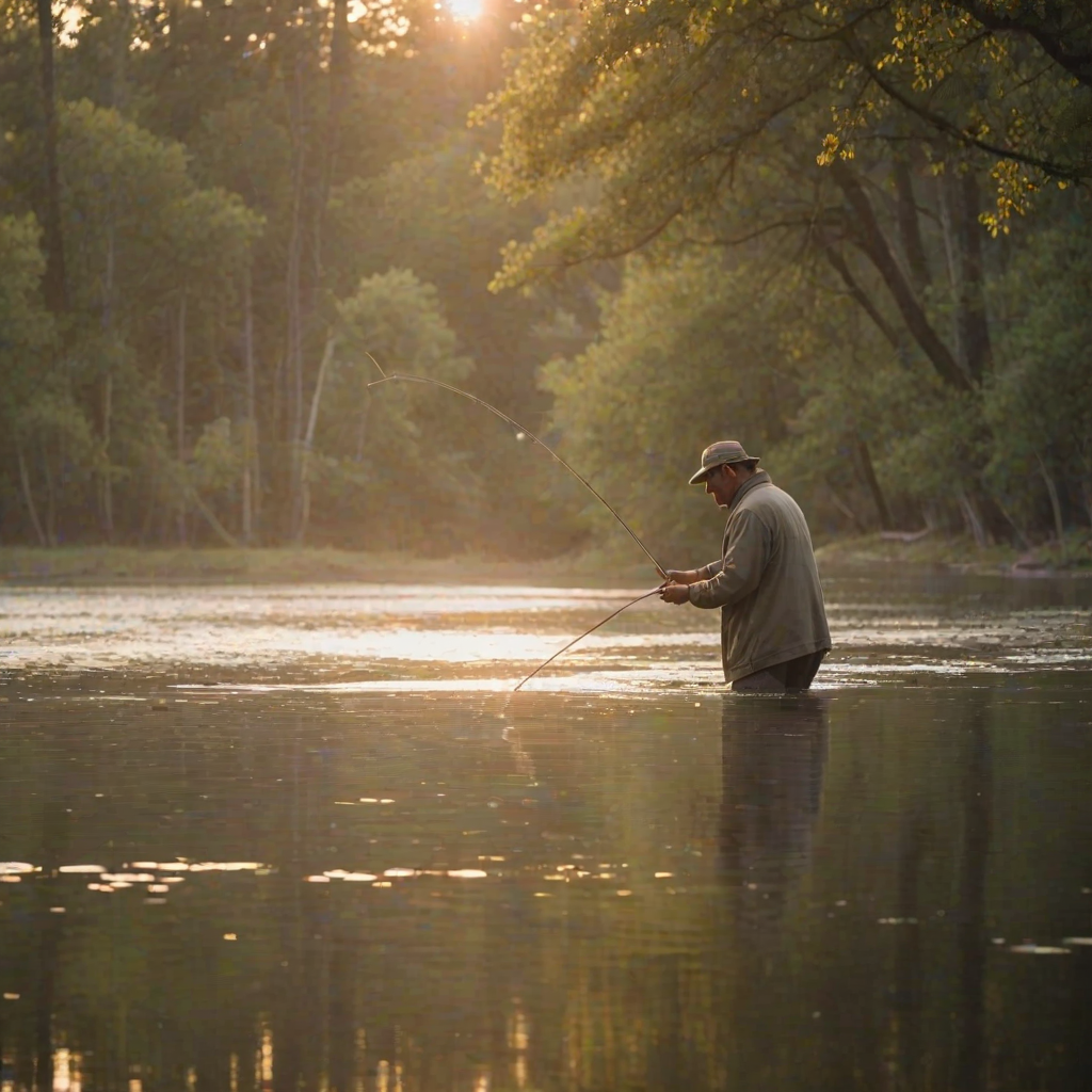 Blurry candid shot of a fisherman casting his line into a river at dawn, soft light from the rising sun reflecting off the water, with trees softly blurred in the background.