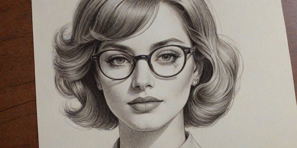 Alluring Mary Elizabeth Ellis, pencil sketch, portrait of Ravishing woman 1976s in glasses, hair style beatnik, outline, clear lines, fine lines, 8k