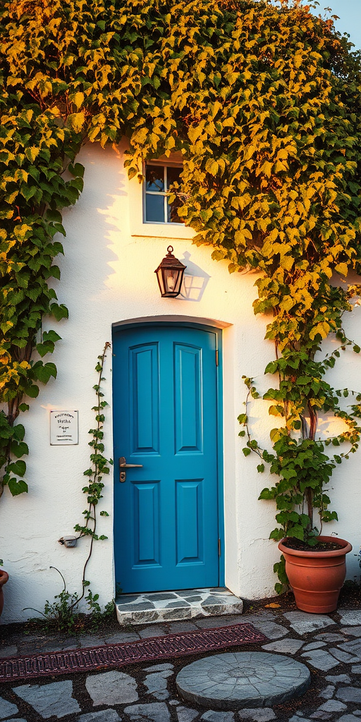 regenerate a picturesque scene of a charming white house with a blue door and vine-covered walls under a warm golden hour light, enhancing the texture of the leaves and walls, captured with a DSLR camera at f/8 aperture, ISO 100, and a 50mm lens, in a wide-angle view for a vibrant, detailed effect