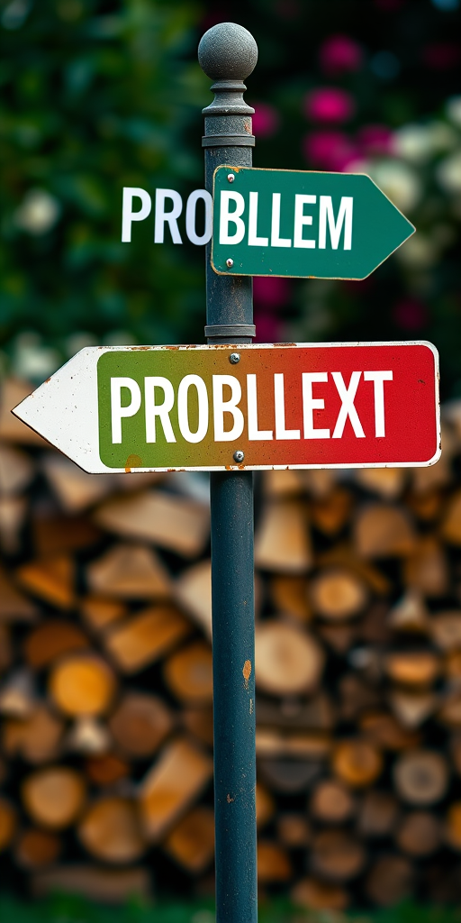Create a high-resolution image of a street sign with two arrows, one pointing left labeled "PROBLEM" in bold white letters on a green background, and one pointing right labeled "NEXT PROBLEM" in bold white letters on a red background, with a blurred floral background and stacked firewood for depth of field, captured with a DSLR camera at f/2.8, ISO 100, and a 50mm lens.