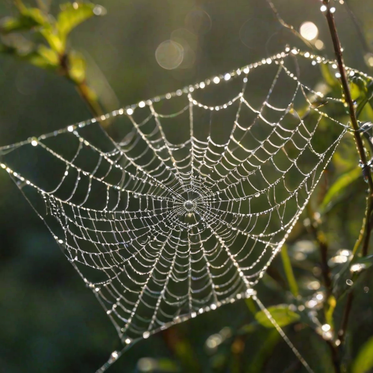 Sharp close-up of a dew-covered spiderweb glistening in the early morning light, with tiny droplets catching the soft sunlight, and blurred foliage in the background.