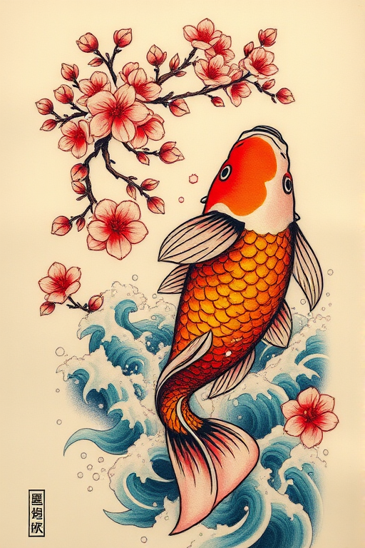 Japanese-inspired irezumi tattoo called "Koi Ascension" featuring a dynamic koi fish swimming upstream through cherry blossoms and turbulent waves, utilizing traditional techniques and vibrant colors