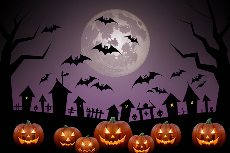 Spooky Halloween Night with Pumpkins, Bats, and a Full Moon Scene