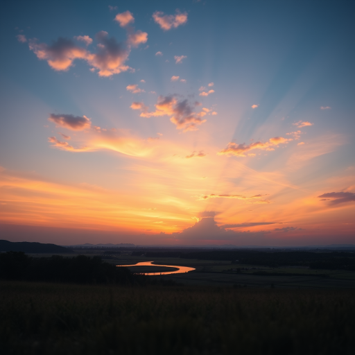Create a high-resolution image of a serene landscape at sunset with vibrant colors, using a DSLR camera with a 50mm lens, aperture set to f/1.8, ISO 100, and a low-angle view to capture the golden hour glow and reflections.
