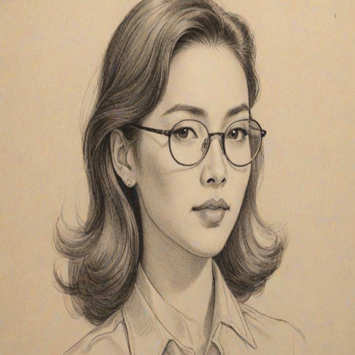 Beauteous Eleanore Matsuura, pencil sketch, portrait of Gorgeous woman 1943s in glasses, hair style beatnik, outline, clear lines, fine lines, 8k