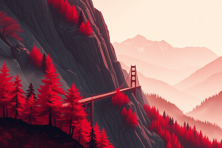 day, natural lighting, bridge focus, CandiBRIDGE, no humans, mountain, bridge, red trees, from above, negative space, scenery, intricately detailed illustration, depth of field, atmospheric perspective, red theme, monochrome