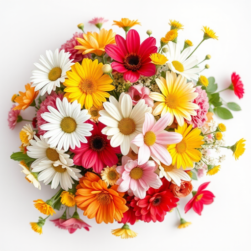 Create a vibrant floral arrangement featuring various flowers including white daisies, yellow blooms, pink blossoms, and red flowers on a plain white background, captured with a Canon EOS R5 camera, 50mm f/1.2 lens, using a soft focus style to enhance colors and details.