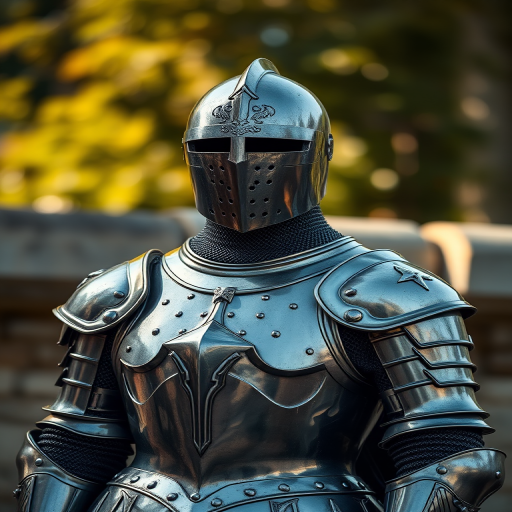 Regenerate a high-resolution image of a medieval knight armor standing upright with a metallic finish, using a DSLR camera with a 50mm lens, f/1.8 aperture, ISO 100, shot in natural light, focused on the metallic textures, background softly blurred to enhance depth.