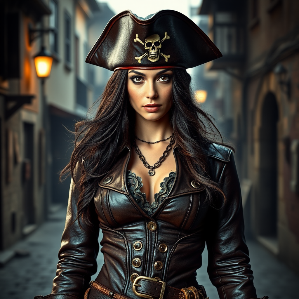 Create a portrait of a fierce female pirate. She wears a leather tricorn hat adorned with a skull and crossbones emblem, and her long, dark hair flows around her face. Her outfit consists of a richly detailed leather jacket, a corset, and multiple layers of belts and accessories, giving her a formidable and stylish appearance. She stands confidently in a dimly lit, historic port town, with a backdrop of weathered buildings and cobblestone streets, capturing the adventurous spirit of a pirate.