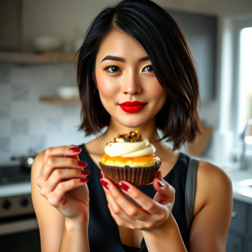 portrait of a woman with shoulder-length black hair and red lipstick, holding a dessert in a stylish kitchen, soft natural lighting, shallow depth of field, aperture f/1.8, ISO 200, 50mm lens, DSLR camera, focus on the dessert with the background slightly blurred