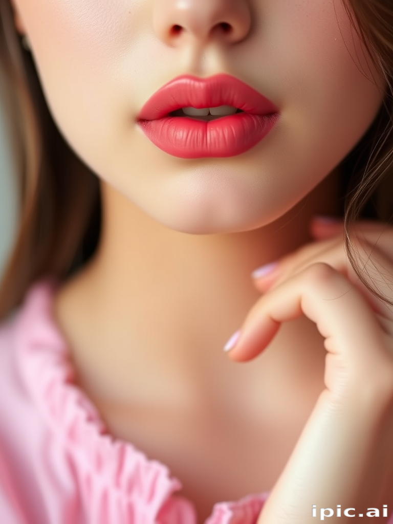 Romantic "Rosebud Pink" lips featuring a delicate, semi-matte pink shade, softly blurred at the edges for a dreamy, youthful look