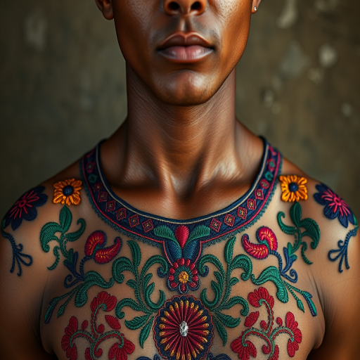 Face, shoulders, chest covered in openwork Inca embroidery. Raw, unedited image.