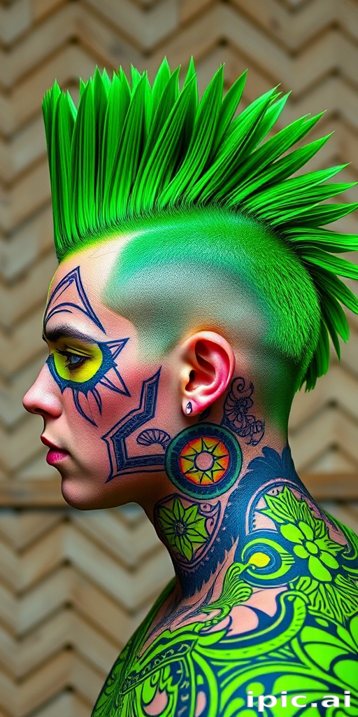 Emerald green mohawk with shaved sides adorned with intricate geometric patterns, dubbed "Neon Rebellion" style, incorporating vibrant lime green accents