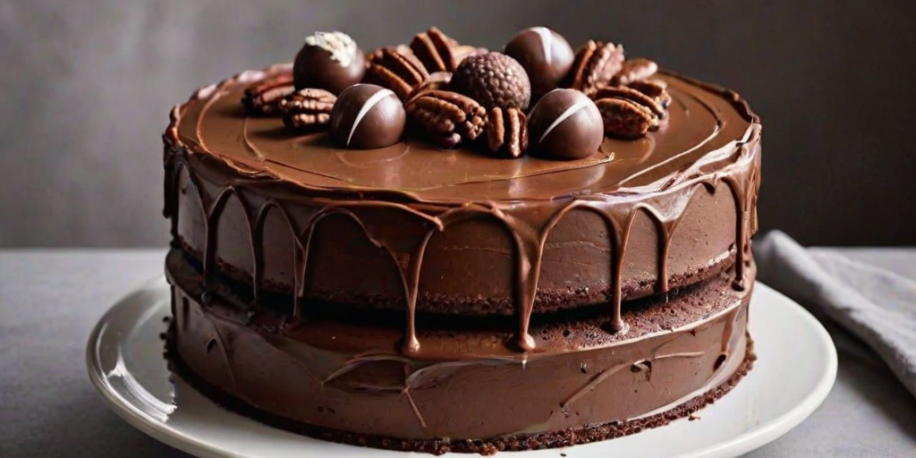 Create an image of a two-tiered chocolate cake. The bottom layer should have a smooth chocolate frosting with a textured design, and the top layer should also be covered in chocolate frosting. Decorate the cake with chocolate truffles, meringue kisses, and small pecans on top. The background should be simple and elegant to highlight the cake.