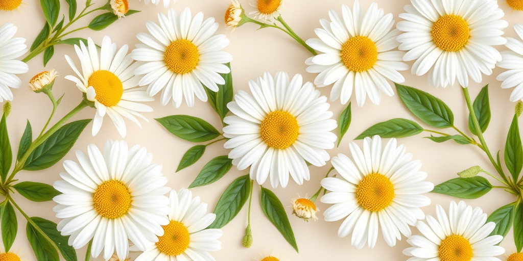 create a seamless floral pattern featuring white daisies with yellow centers and green leaves on a light beige background, captured with a Canon EOS R5, 50mm lens, f/2.8 aperture, ISO 100, and natural soft lighting for enhanced detail and clarity