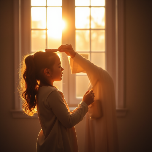 Warmly lit, intimate image of a mother brushing her daughter's hair in front of a large window at dawn, soft morning light illuminating their peaceful expressions and casting long shadows on the floor.