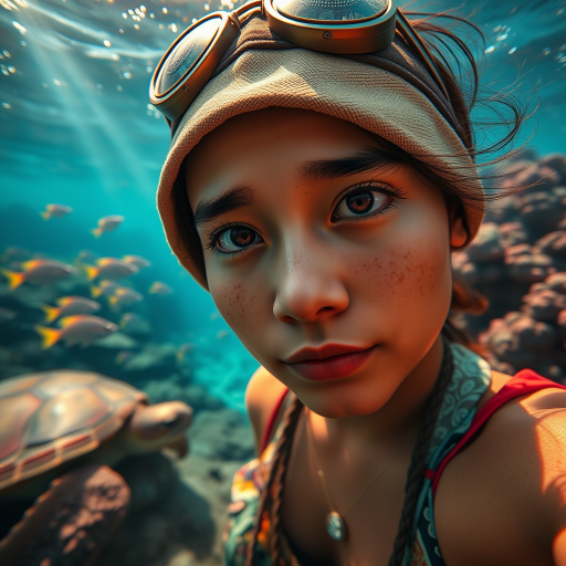 Realistic selfie image of a Pacific Islander, wearing a vintage outfit, detailed dreamy eyes, droopy hooded eyes, staring at the camera, taken underwater at coral reef with a sunbeam filtering through the water, vibrant, summer vacation, natural lighting, turtle and school of tropical fish with vibrant colors, rendered in the style of CryEngine, Pegi Nicol MacLeod, with realistic genre scenes, hauntingly beautiful narratives, ultra-realism, and Thomas Saliot's close-up technique, 8K resolution, crystal clear and sparkling water.