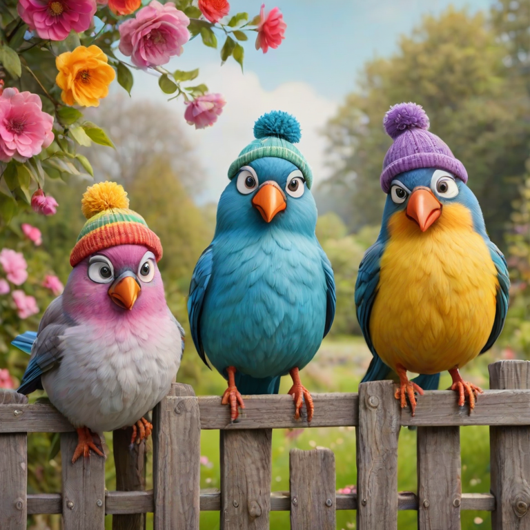 create a scene of 4 quirky  whimsical colourful comical birds each with a funny expression. they are sat on a wooden fence with colourful flowers. they are all different sizes. each one is a different colour  one is wearing a woolly hat. Each one has a different quirky google expression and there is a muted background of trees watercolour paintierly style high definition 8k resolution 3D paper mache