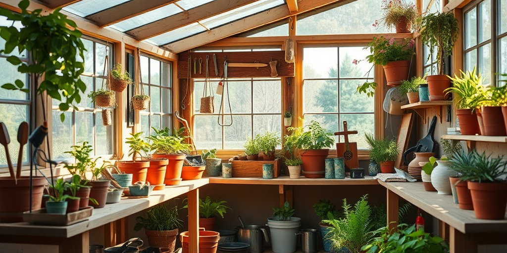 A cozy, sunlit potting shed filled with various plants and gardening tools on wooden shelves, with large windows allowing natural light to flood in, captured with a Canon EOS R5 at f/2.8, ISO 100, 24mm, using soft focus for a dreamy effect.