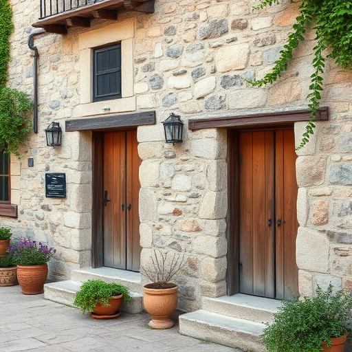 Regenerate the image of a rustic building with stone walls and wooden doors, featuring potted plants and greenery around, shot in natural light, using a DSLR camera, aperture f/5.6, ISO 200, shutter speed 1/125s, at a 35mm focal length from an eye-level angle for enhanced image quality.