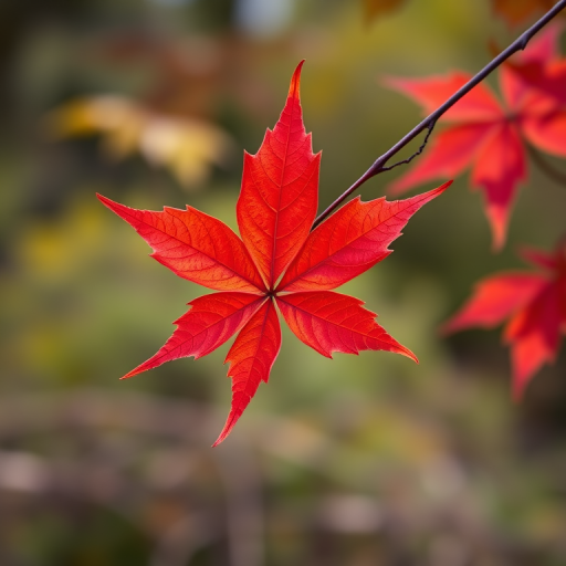 Create a high-resolution image of a vibrant red maple leaf against a blurred natural background, using a DSLR camera with a 50mm lens, aperture f/2.8, ISO 100, and a shutter speed of 1/200s for enhanced clarity and detail.