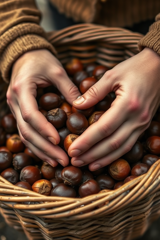 close-up of hands sorting chestnuts in a rustic woven basket, soft natural lighting, shallow depth of field, ISO 200, f/2.8, 1/100s, 50mm lens, DSLR camera, overcast day for even lighting